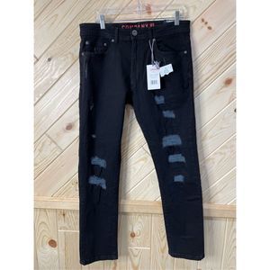 Company 81 Mens Skinni Fit Jeans Stretch Distressed 5 Pocket Jet Black 36x30